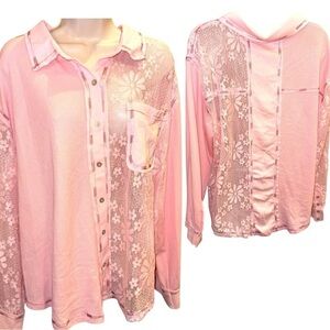 POL Boutique Women Oversize Pastel Pink Floral Lace Shacket Top Size Large